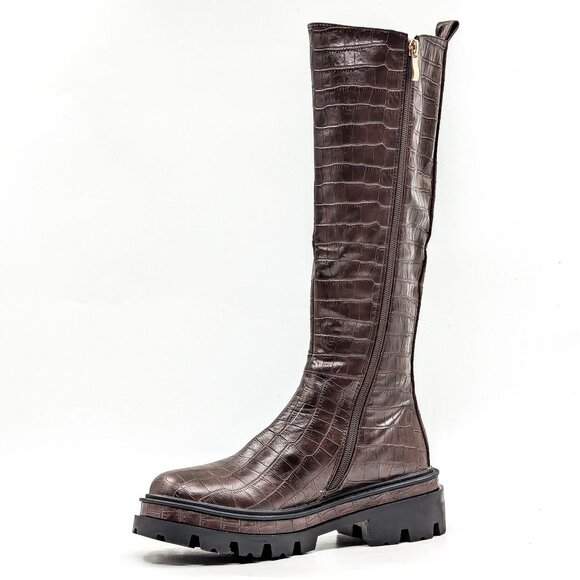 Torgeis NY Women Brown Croc Vegan Leather Stretch Elastic Panel Knee Boots sz 6. - Picture 3 of 11